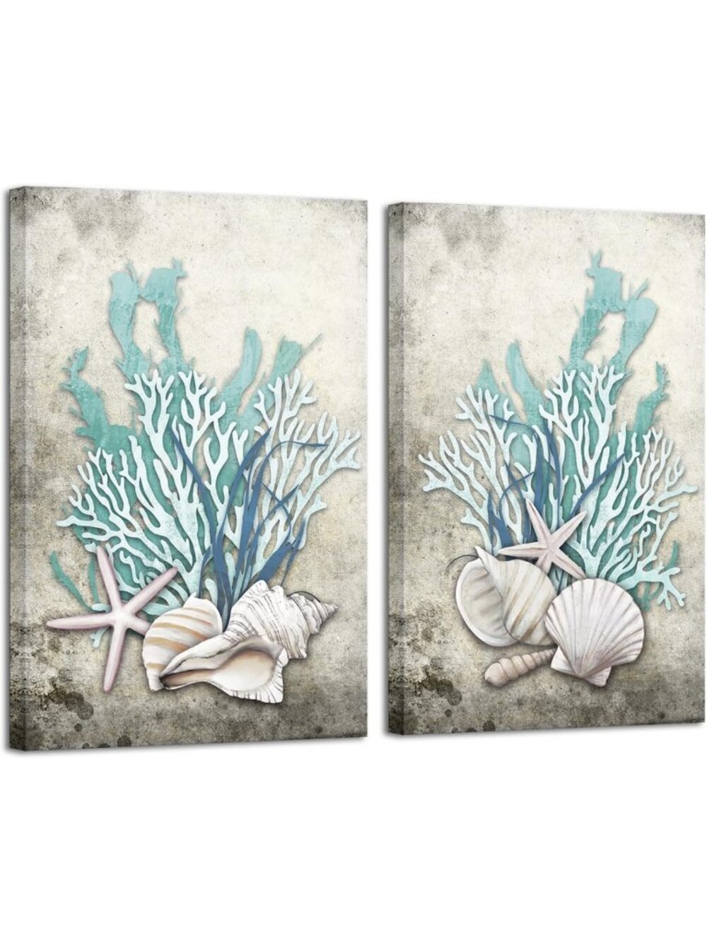 Ocean Theme Canvas Wall Art Set - Coastal Shell & Starfish Decor for Home, 16x24